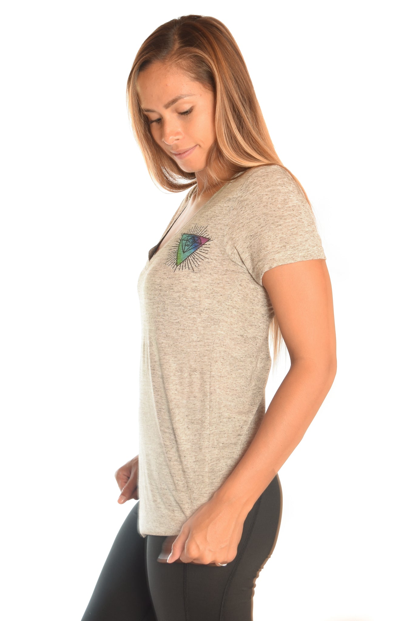 Light Heather Gray V-Neck with Rainbow Crystal Vibration Ganesh Logo - Third Eye Threads