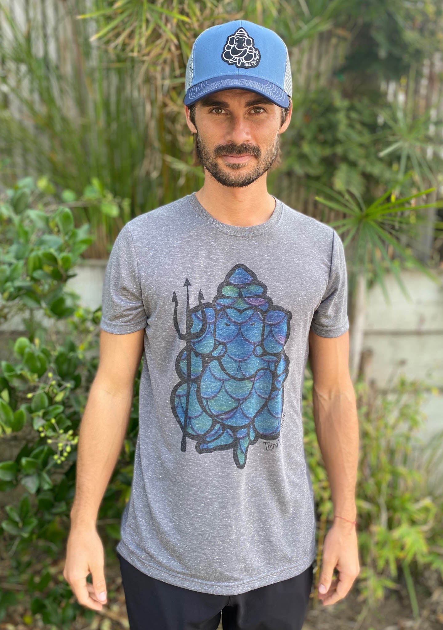 Merman Ganesh With Trident On Linen Blend Crew Neck Tee - Third Eye Threads