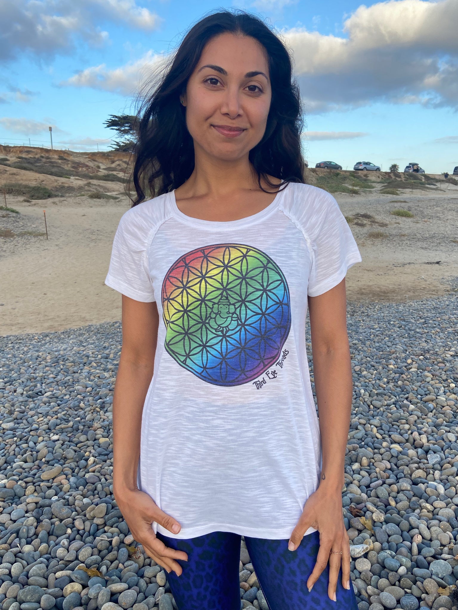 Rainbow Flower of Life Shirred Raglan Tee - Third Eye Threads