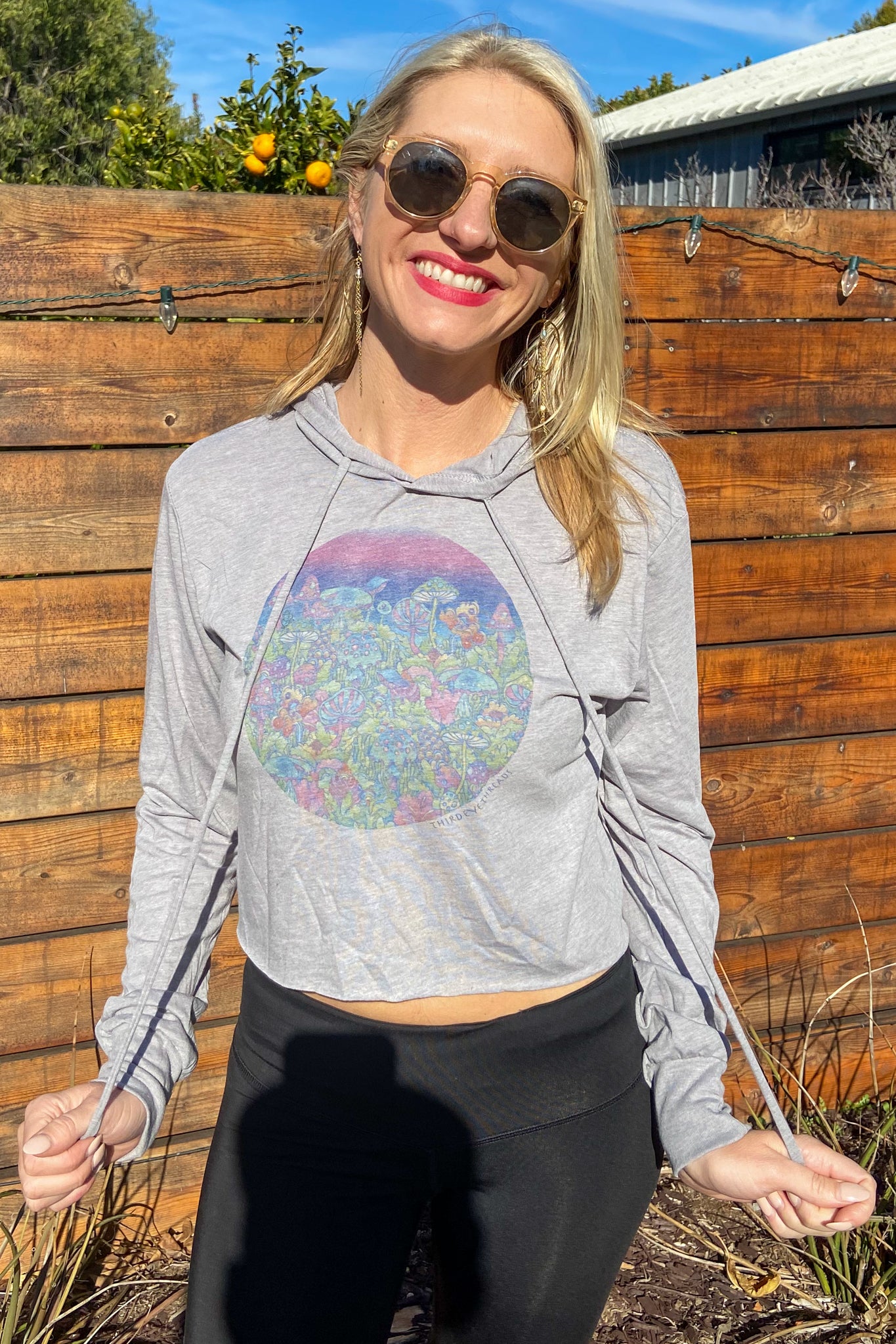 Entheogenic Mushroom Sunset Fox Cropped Long Sleeve Hoodie T-Shirt - Third Eye Threads