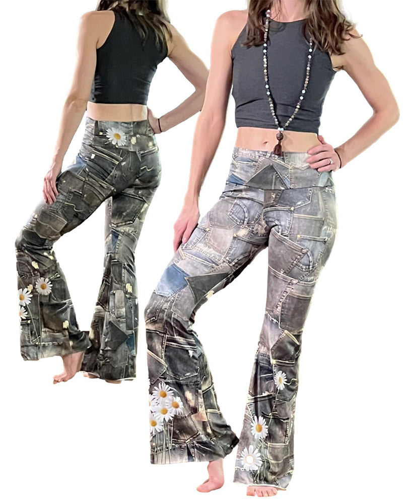 Vintage Faux Blue Jean with Daisies Flair Bell Bottom - Third Eye Threads