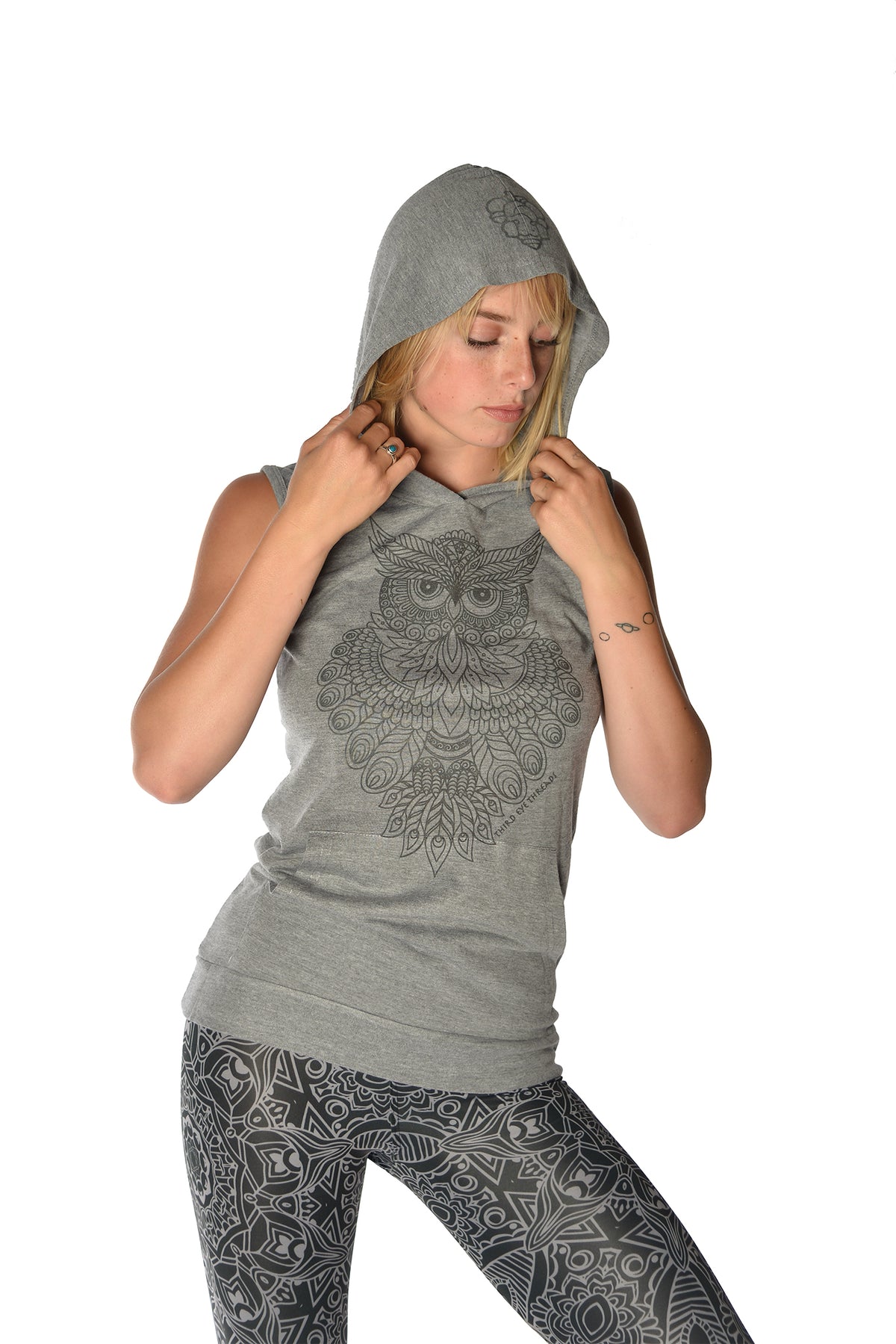 Sacred Geometry Owl on a Sleeveless Hoodie - Third Eye Threads