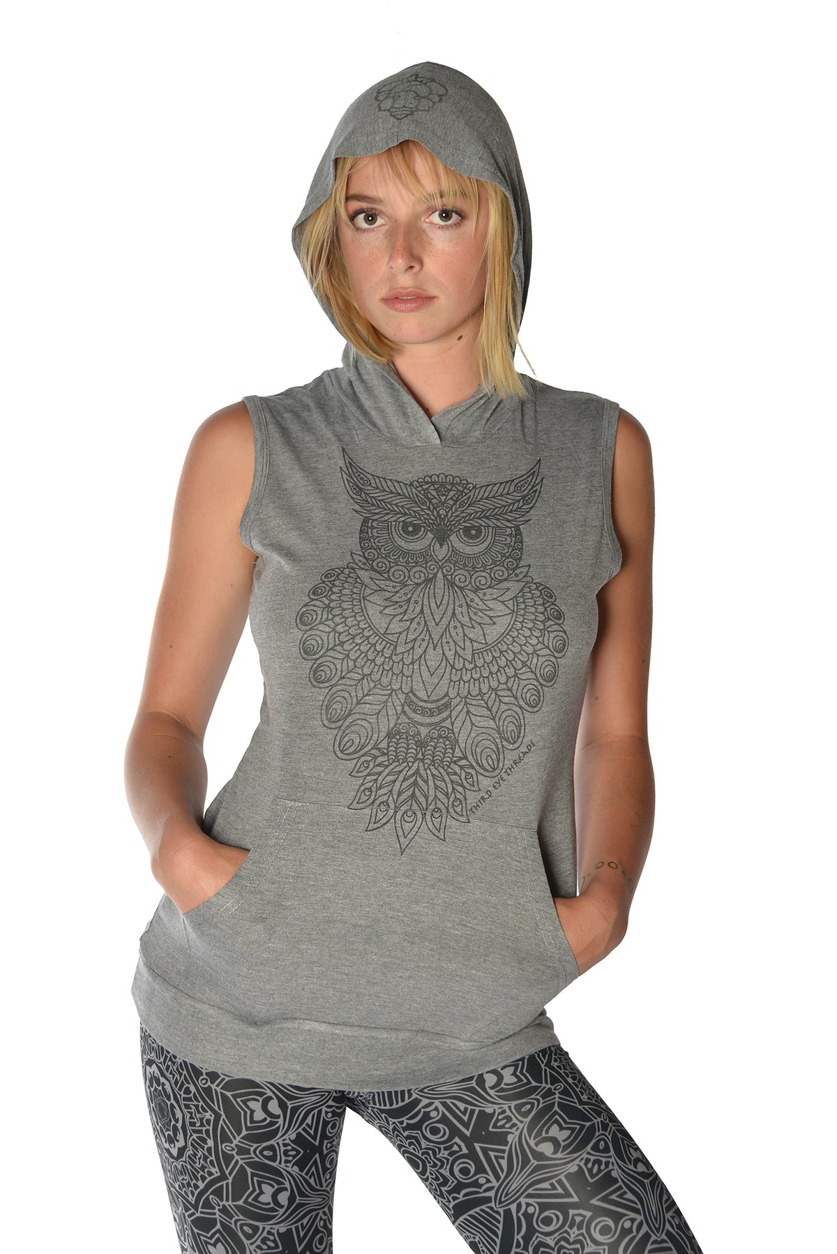 Sacred Geometry Owl on a Sleeveless Hoodie - Third Eye Threads