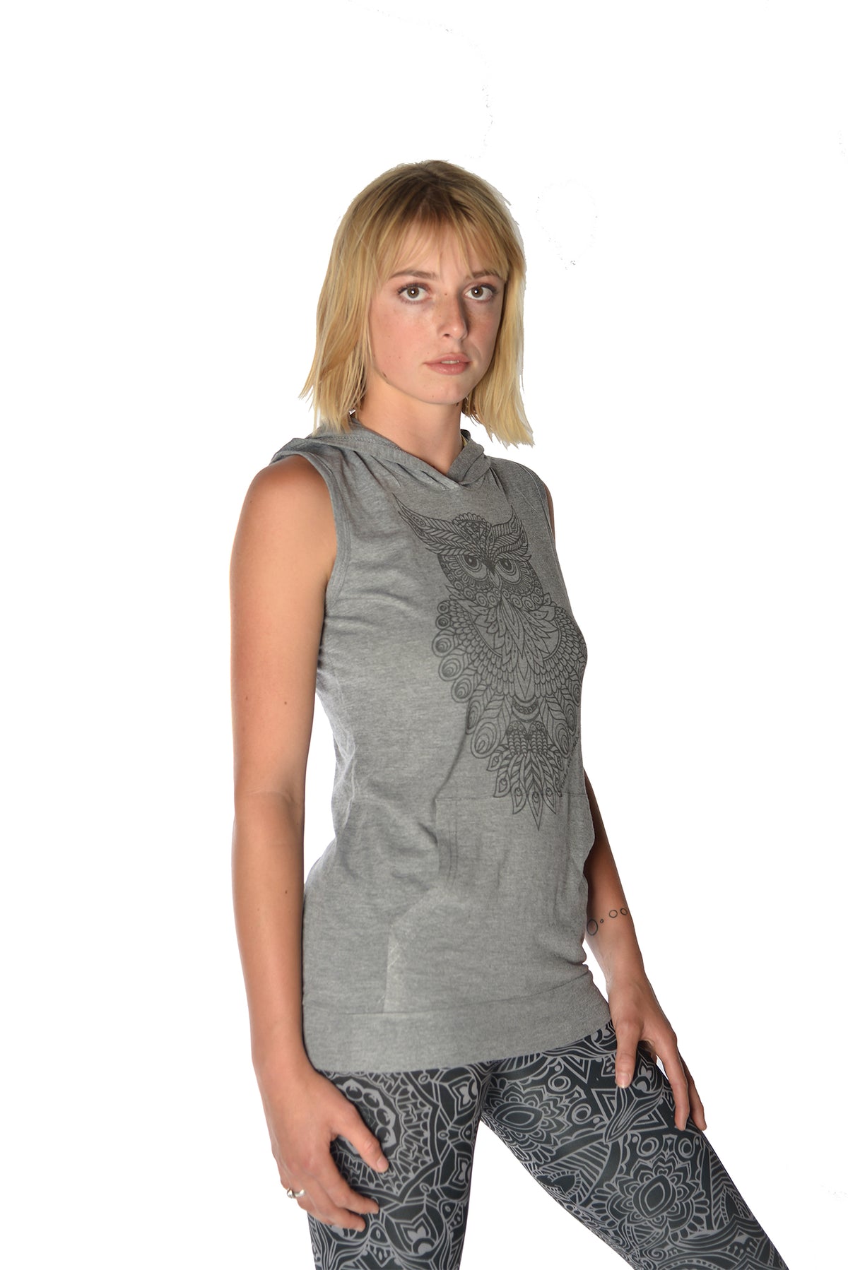 Sacred Geometry Owl on a Sleeveless Hoodie - Third Eye Threads