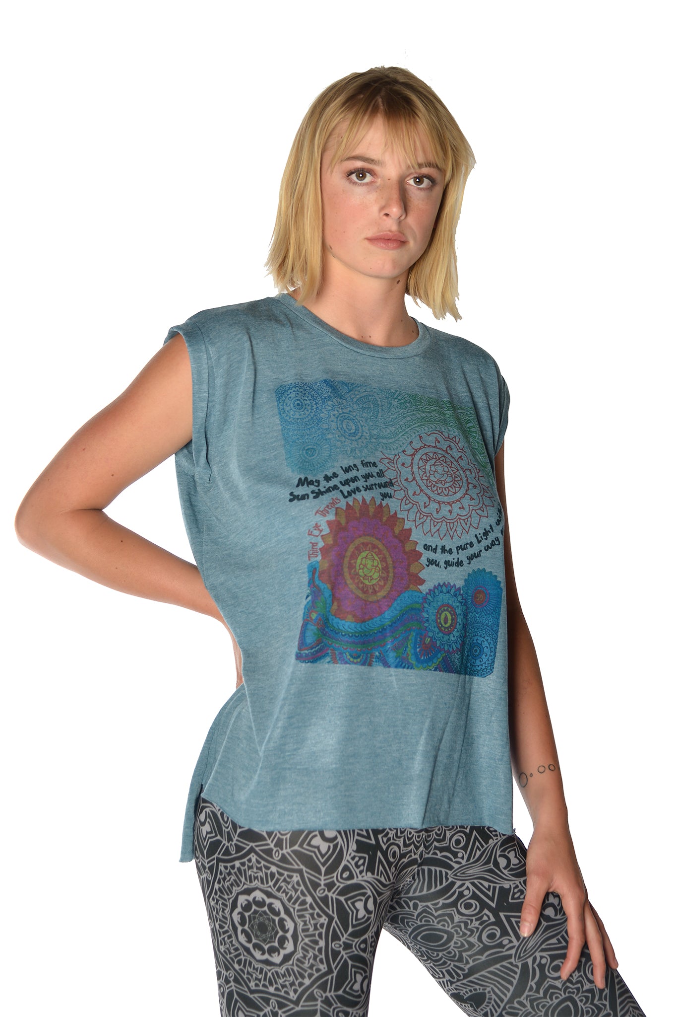 Flowy Greaser Muscle Tee With Double Sun Chant With Rolled Cuff - Third Eye Threads