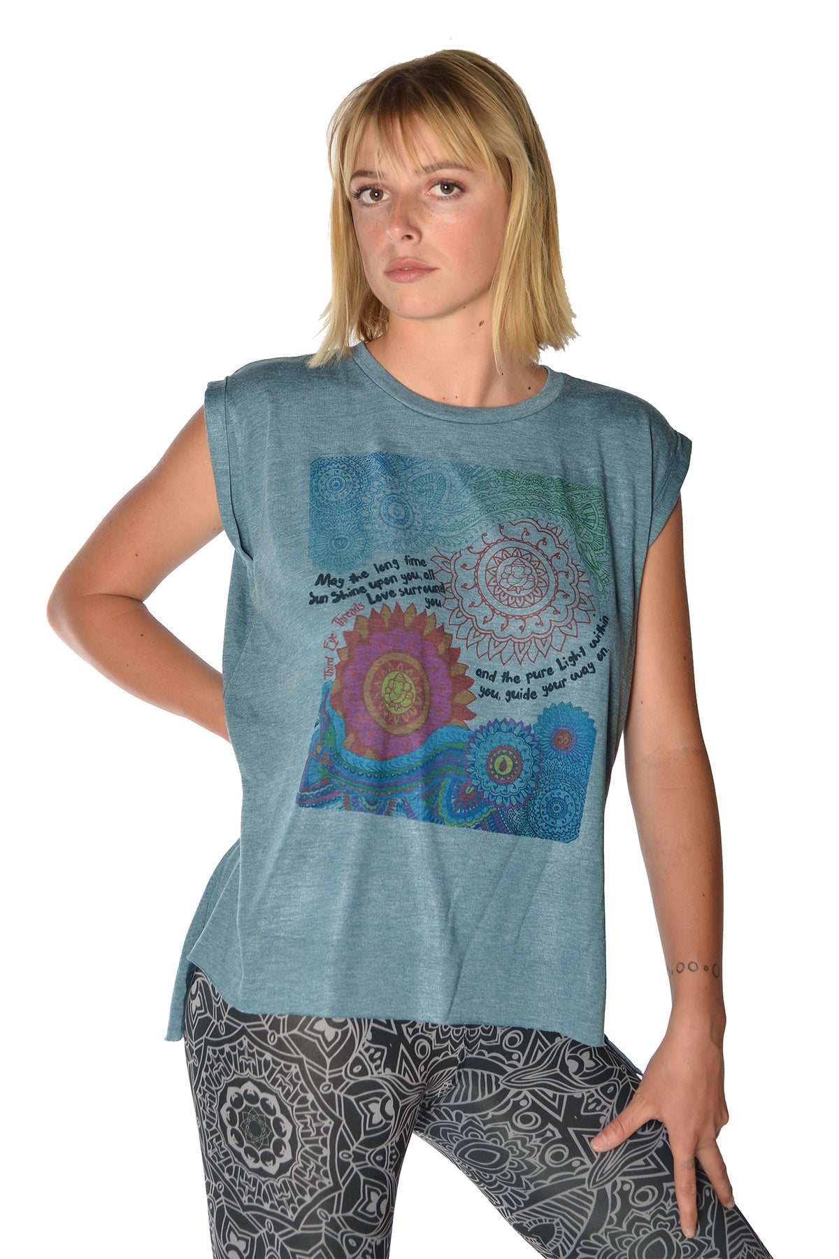 Flowy Greaser Muscle Tee With Double Sun Chant With Rolled Cuff - Third Eye Threads