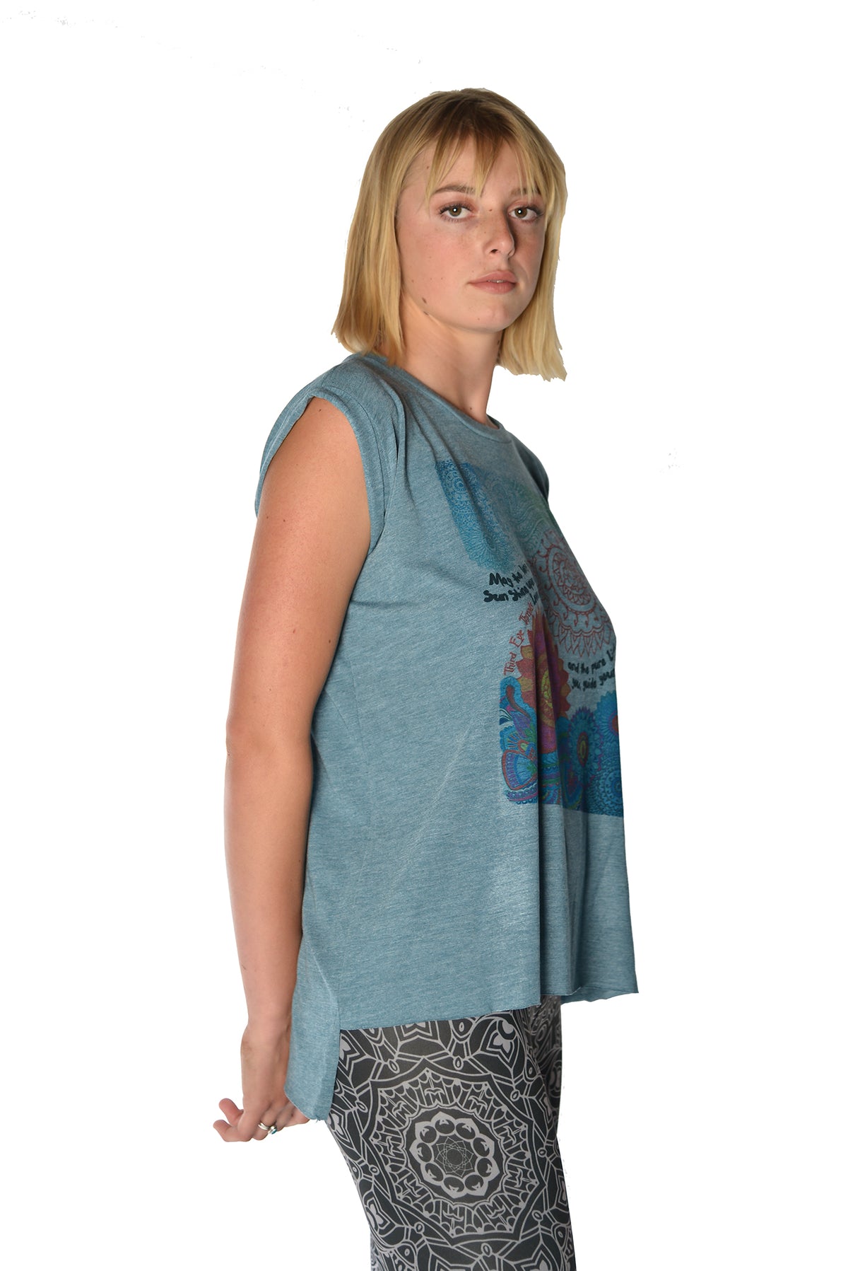 Flowy Greaser Muscle Tee With Double Sun Chant With Rolled Cuff - Third Eye Threads