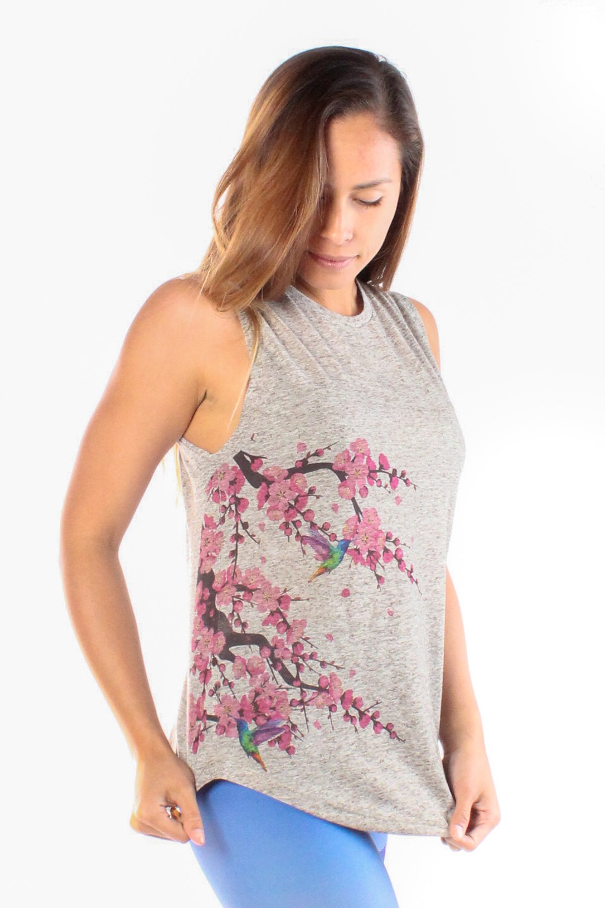 Cherry Blossoms With Hummingbirds Linen Blend Boyfriend Tee - Third Eye Threads