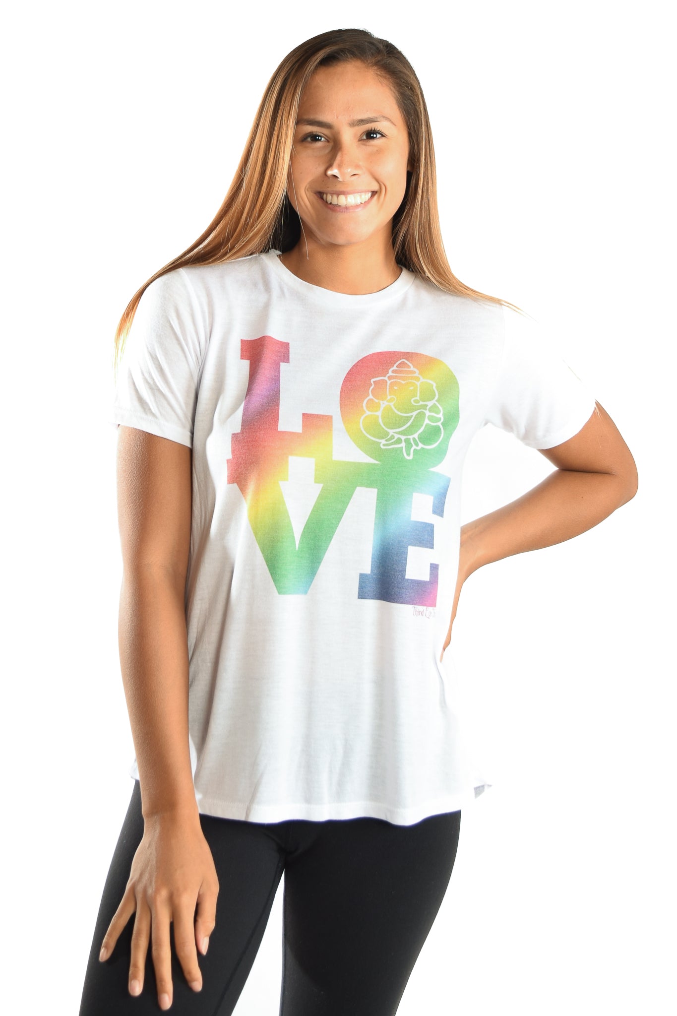RAINBOW LOVE GANESH ON WOMEN'S WHITE SHORT SLEEVE SHIRRED BACK TEE - Third Eye Threads