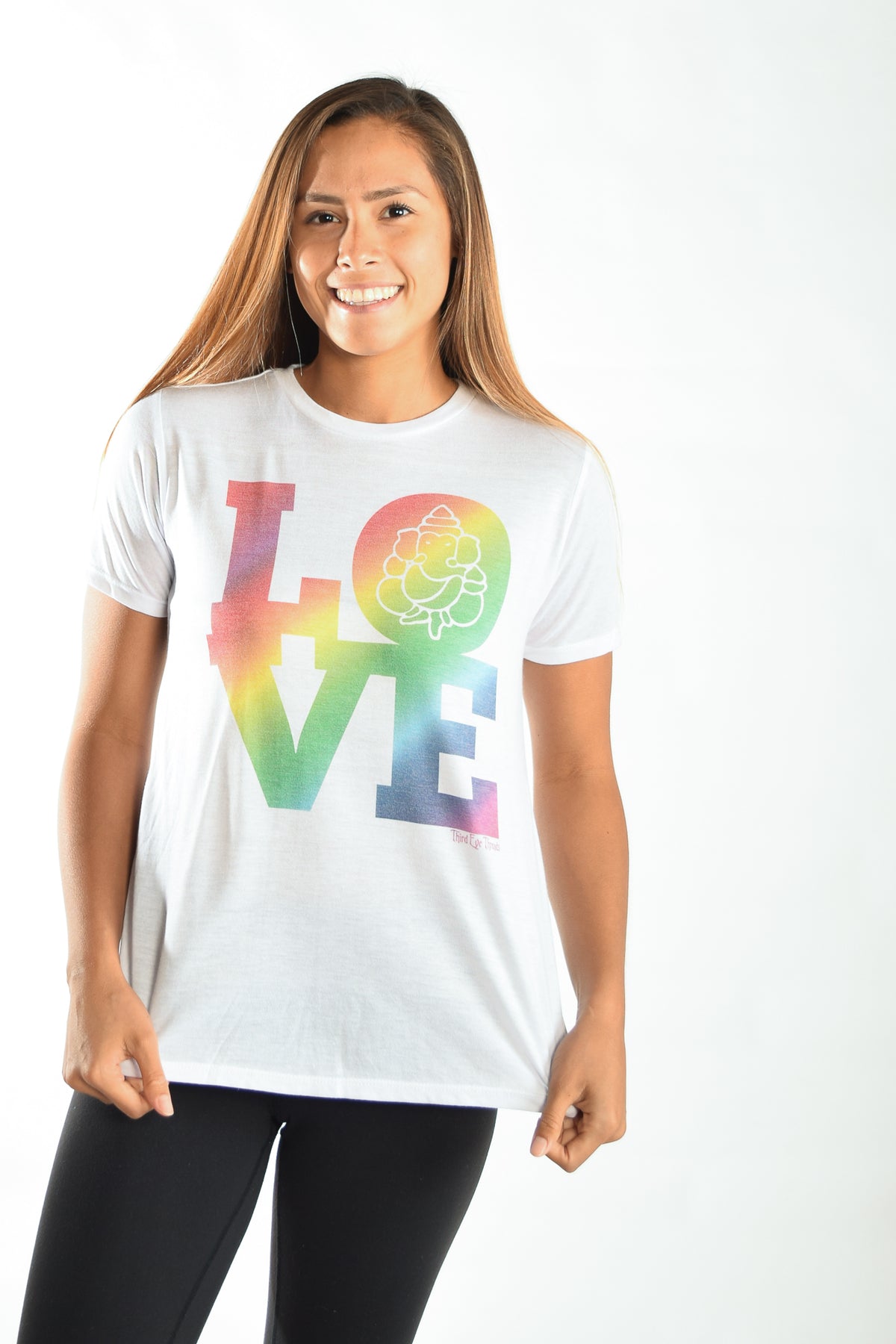 RAINBOW LOVE GANESH ON WOMEN'S WHITE SHORT SLEEVE SHIRRED BACK TEE - Third Eye Threads