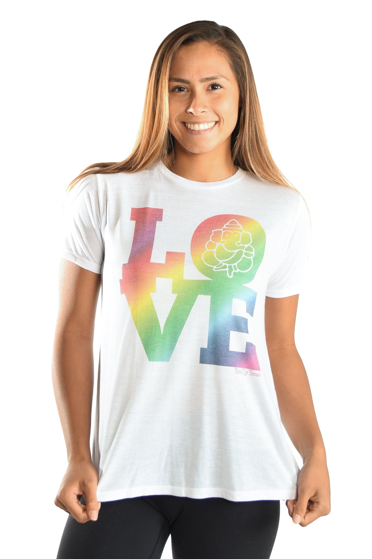 RAINBOW LOVE GANESH ON WOMEN'S WHITE SHORT SLEEVE SHIRRED BACK TEE - Third Eye Threads