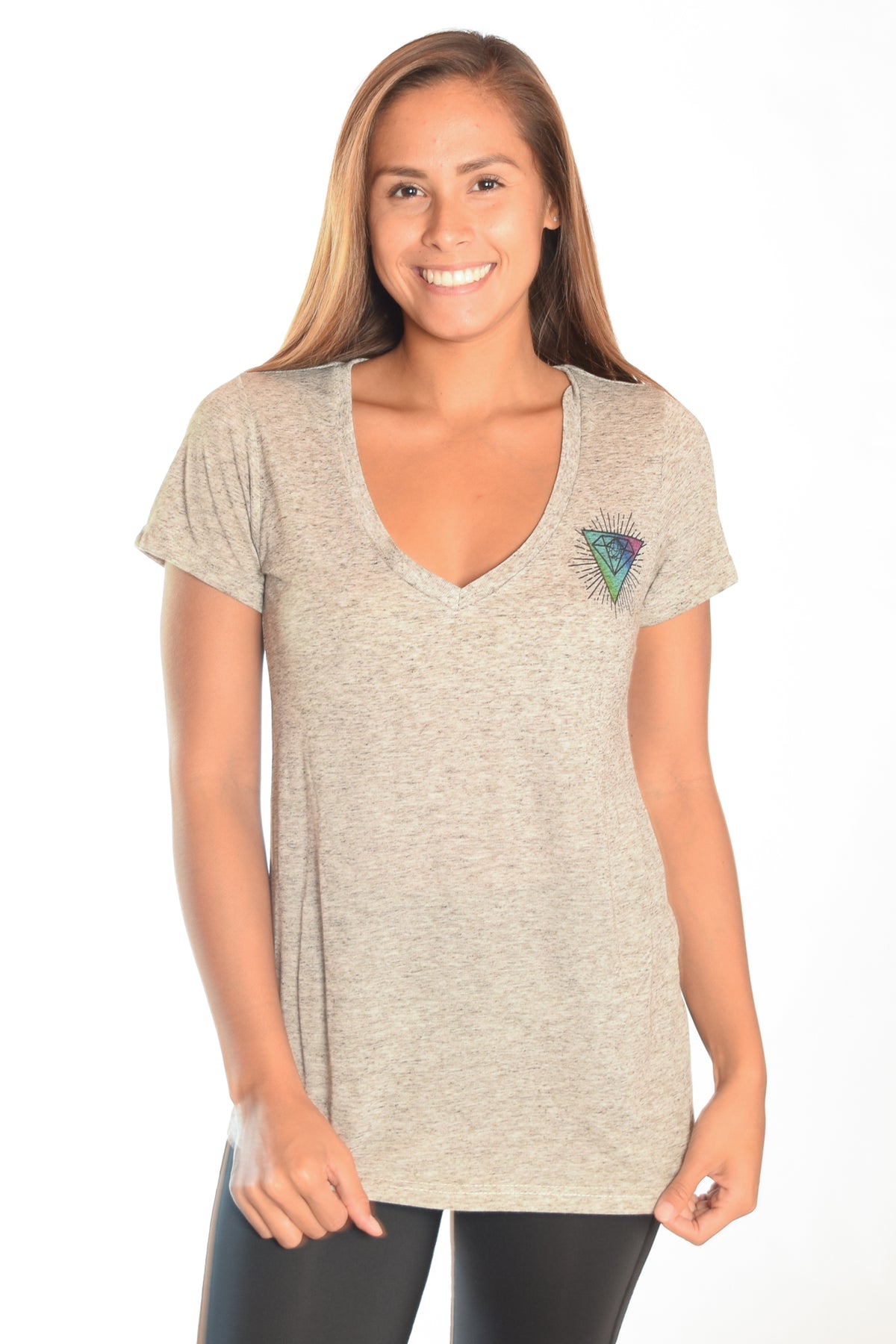Light Heather Gray V-Neck with Rainbow Crystal Vibration Ganesh Logo - Third Eye Threads