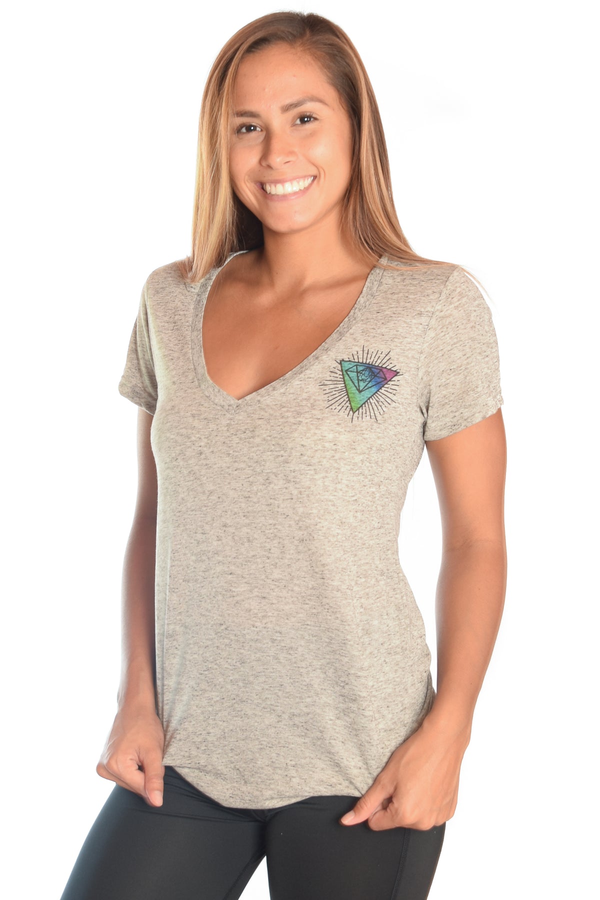 Light Heather Gray V-Neck with Rainbow Crystal Vibration Ganesh Logo - Third Eye Threads