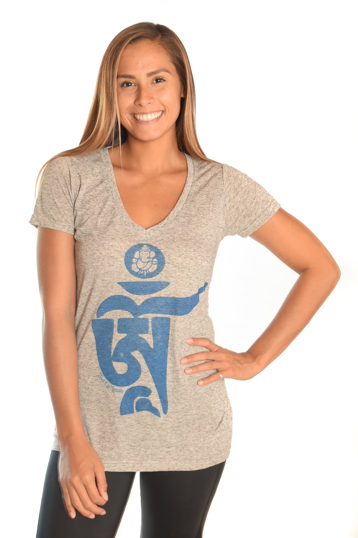 Light Heather Gray V-Neck with Tibetan Om - Third Eye Threads