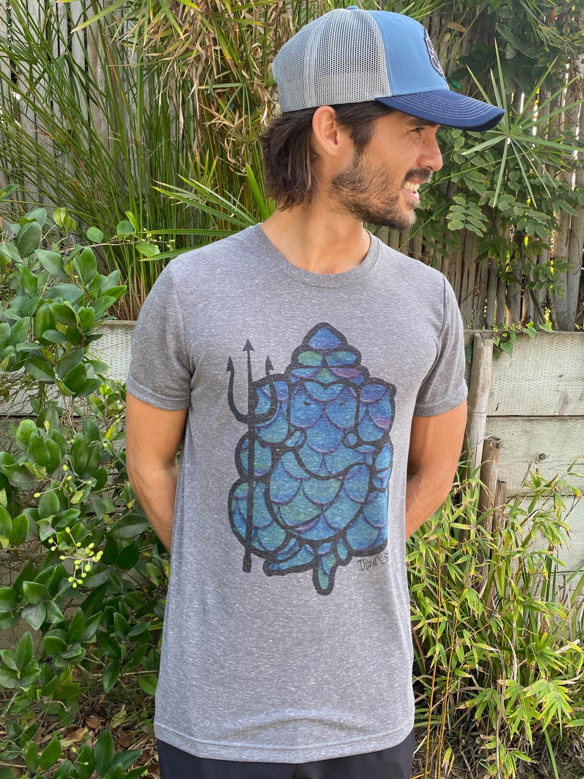 Merman Ganesh With Trident On Linen Blend Crew Neck Tee - Third Eye Threads