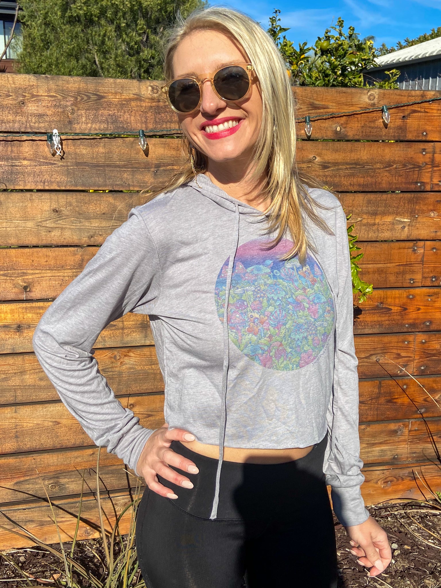 Entheogenic Mushroom Sunset Fox Cropped Long Sleeve Hoodie T-Shirt - Third Eye Threads