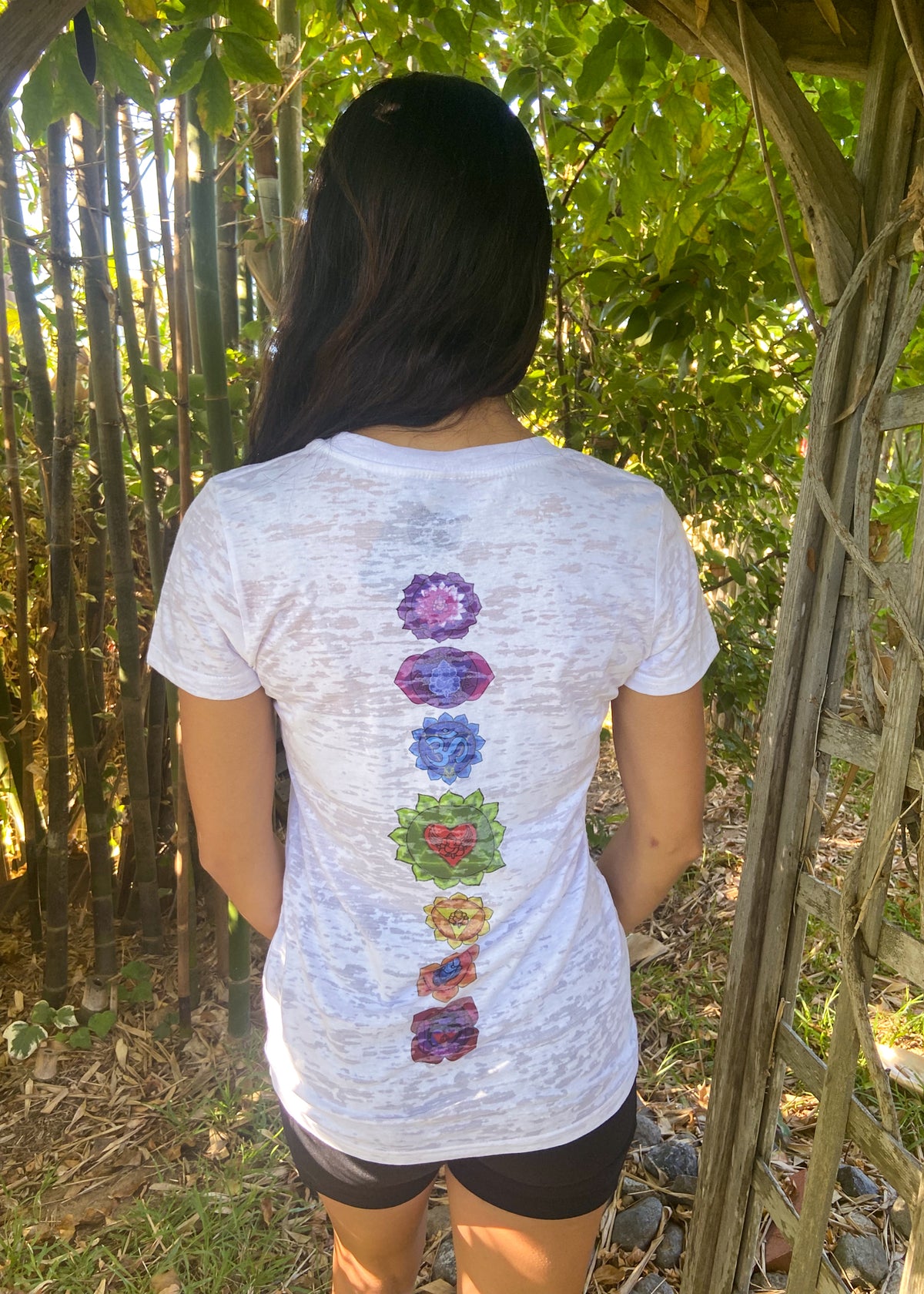 Heart Chakra on front with Full Chakra Back on Boat Neck Burnout Crew - Third Eye Threads